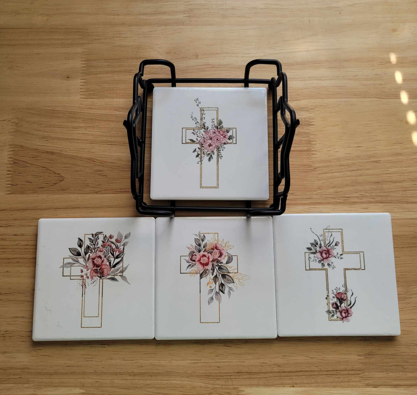 Set of 4 Ceramic Coasters with Metal Coaster Holder