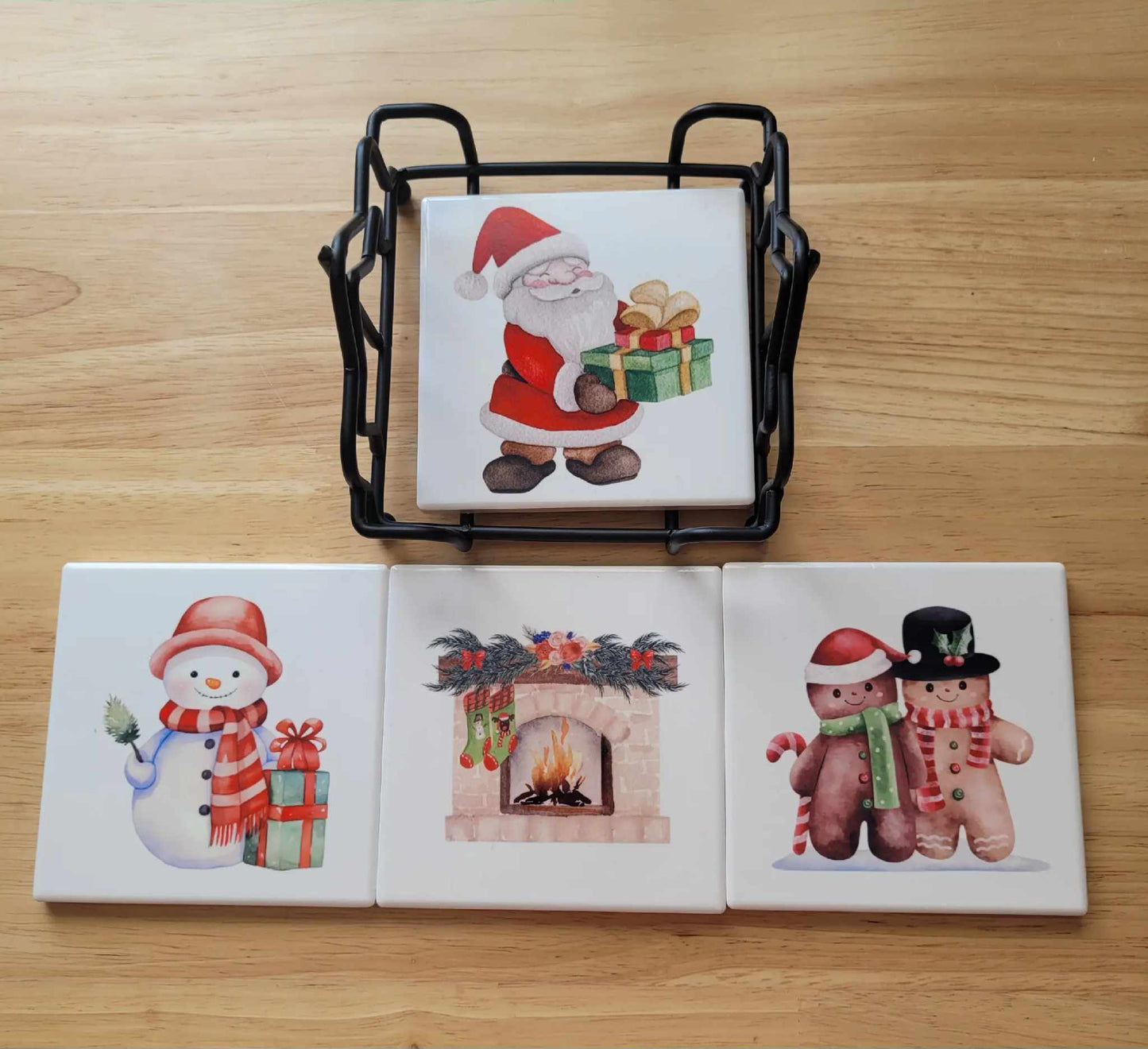Set of 4 Ceramic Coasters with Metal Coaster Holder