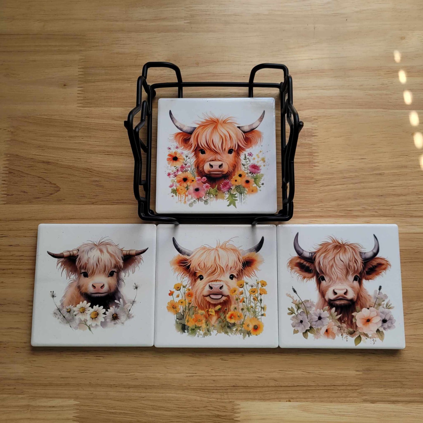 Set of 4 Ceramic Coasters with Metal Coaster Holder