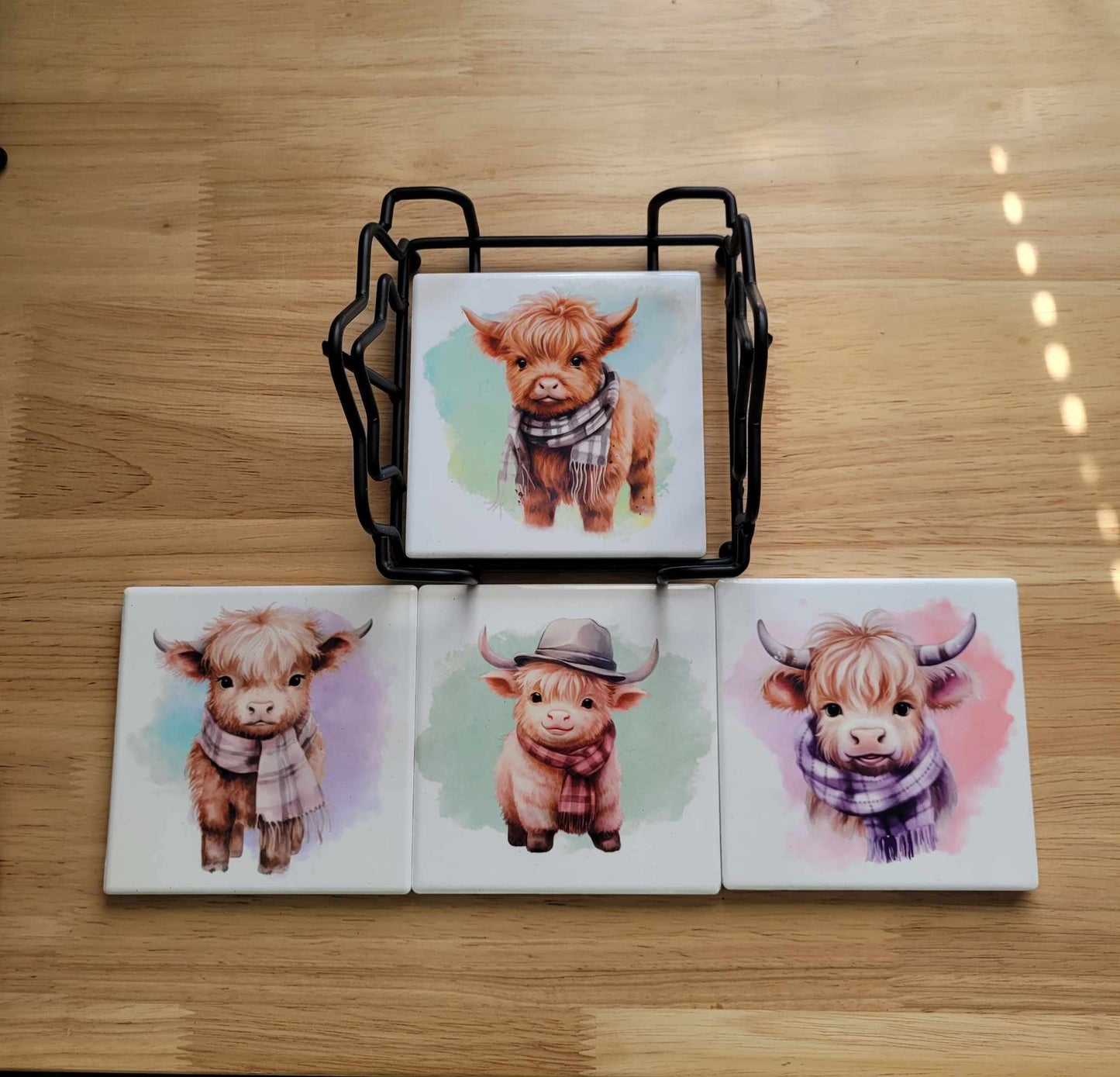 Set of 4 Ceramic Coasters with Metal Coaster Holder