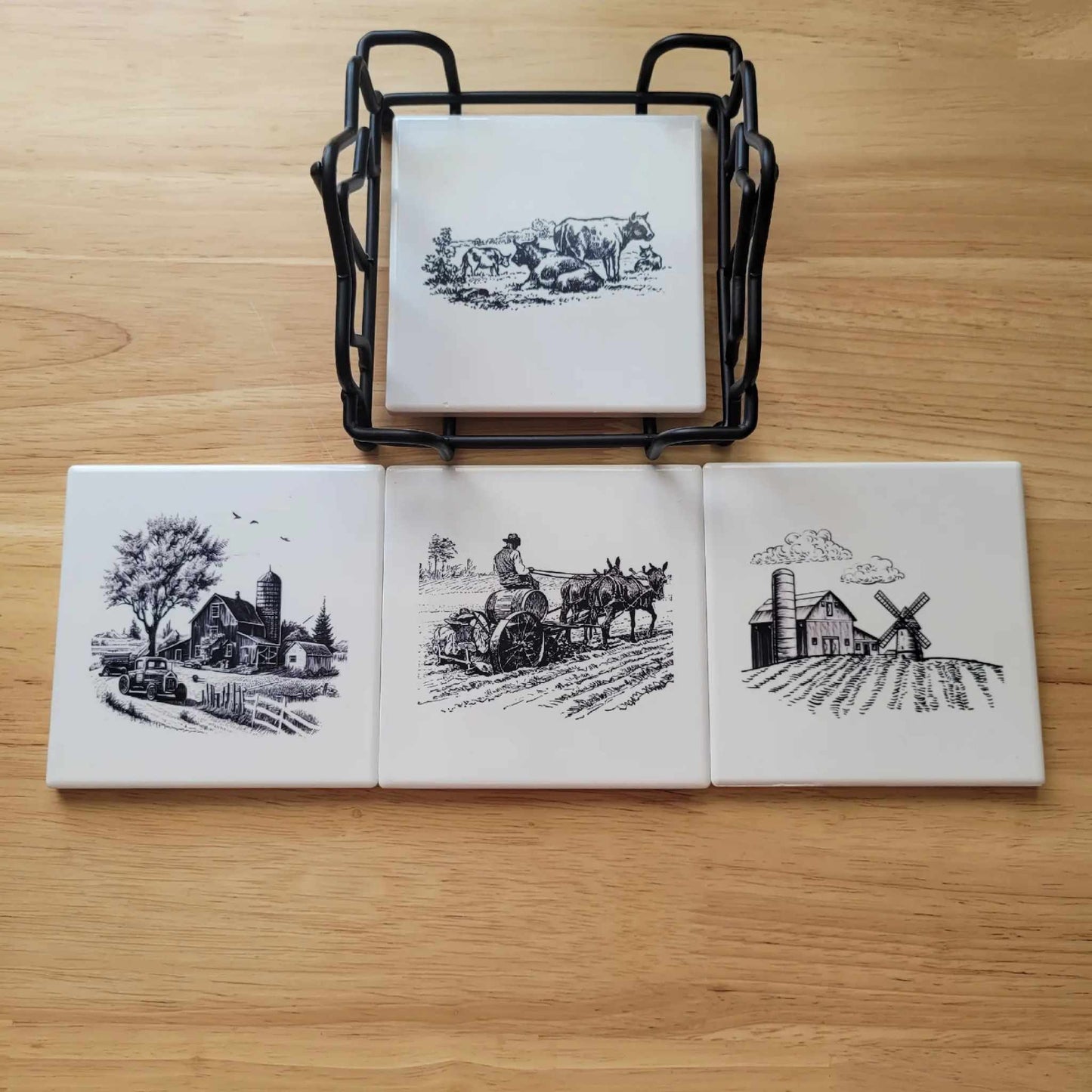 Set of 4 Ceramic Coasters with Metal Coaster Holder