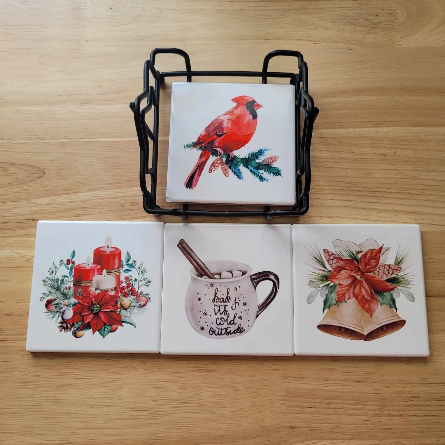 Set of 4 Ceramic Coasters with Metal Coaster Holder