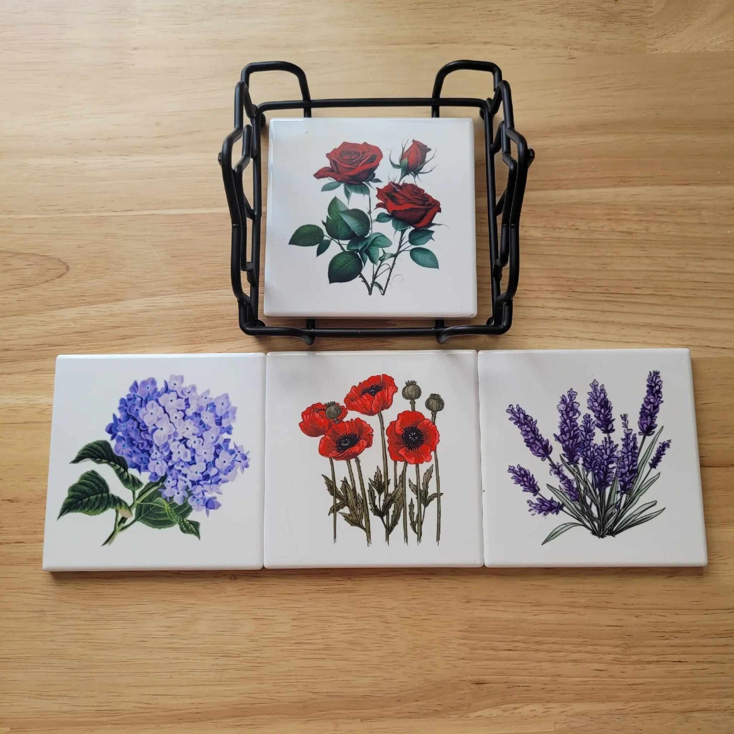 Set of 4 Ceramic Coasters with Metal Coaster Holder