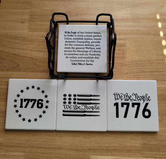 Set of 4 Ceramic Coasters with Metal Coaster Holder